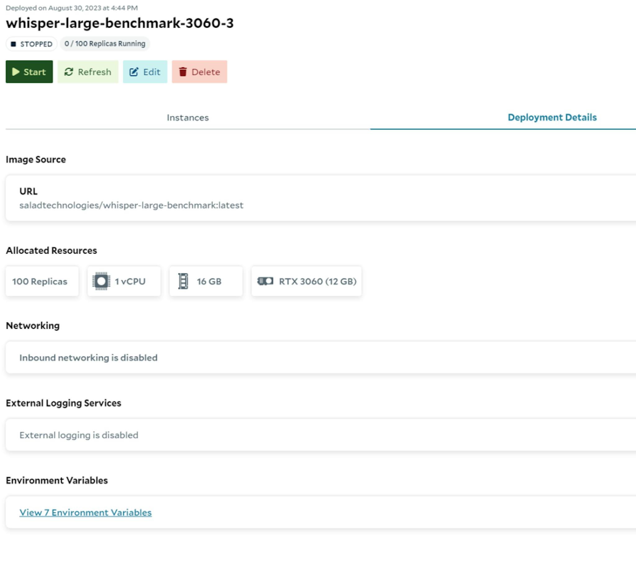 Monitoring whisper-large-v2 benchmark deployment on SaladCloud