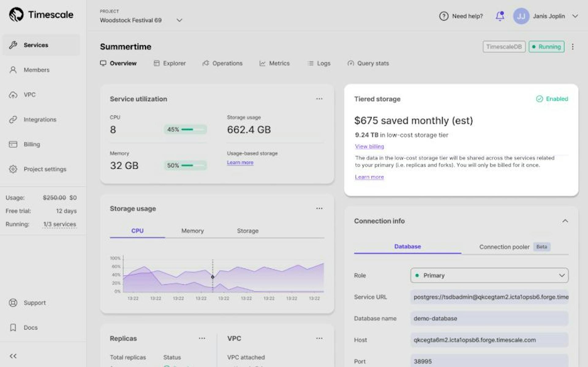 L'écran de présentation de l'interface utilisateur de Timescale vous montrera la quantité de données dont vous disposez dans la couche de stockage à faible coût et une estimation du montant que vous paierez pour cela.