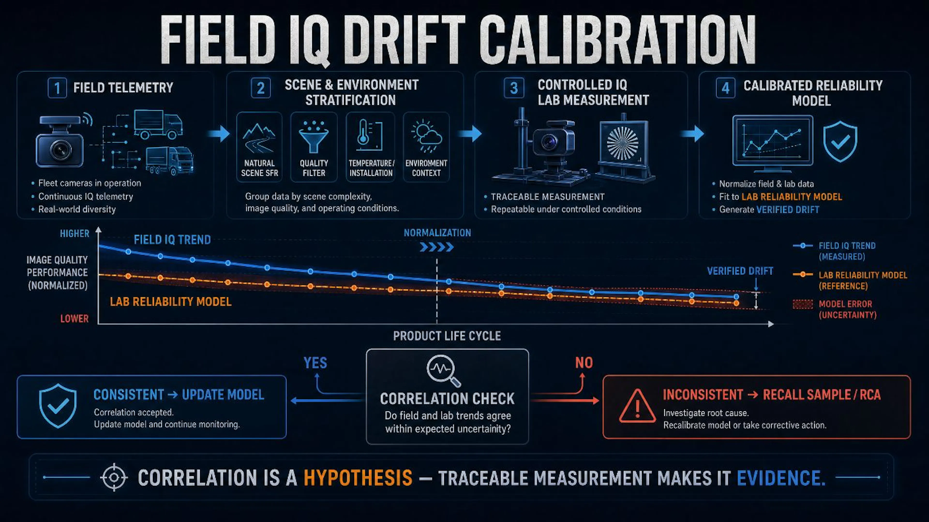 Figure 2: Correlating field IQ Drift with laboratory reliability models (conceptual). Natural-scene SFR and other field IQ statistics must first pass quality filtering, scenario stratification, and environment normalization before comparison to controlled reliability models. When trends disagree, recalled devices must undergo traceable IQ Lab measurements to confirm or refute engineering hypotheses.