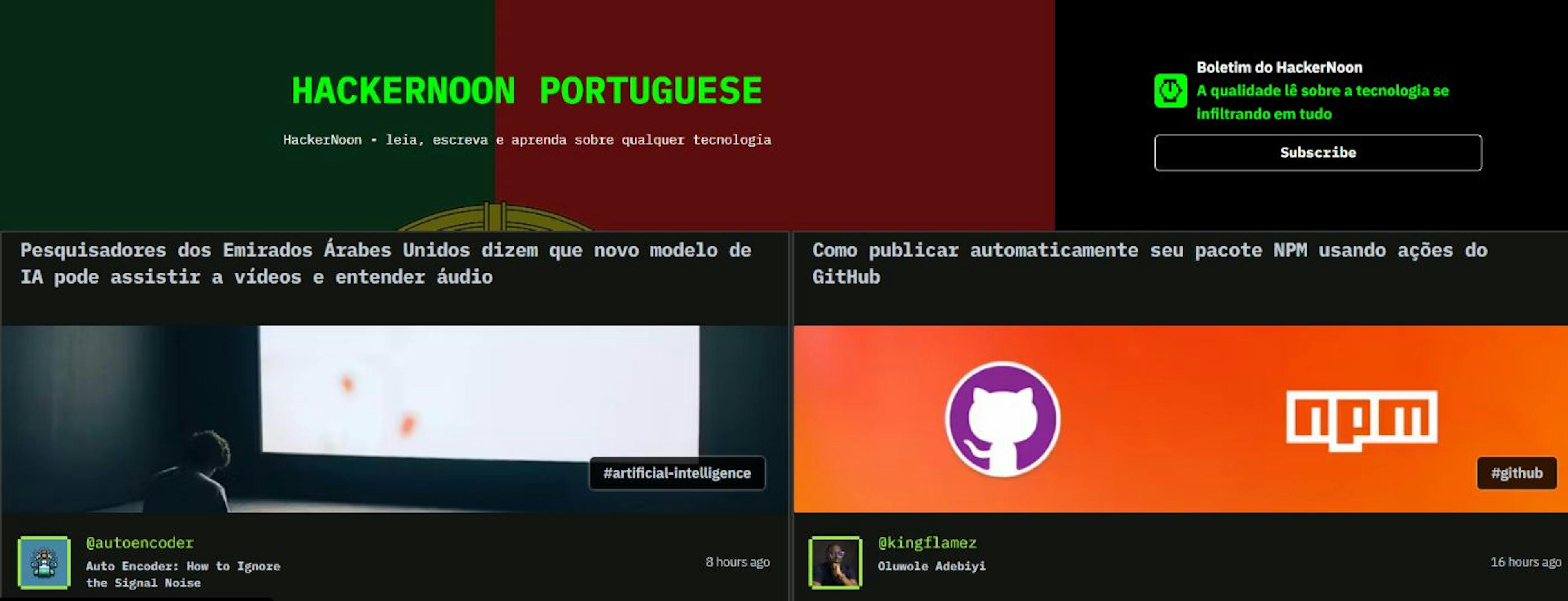 Portuguese version of the HackerNoon homepage