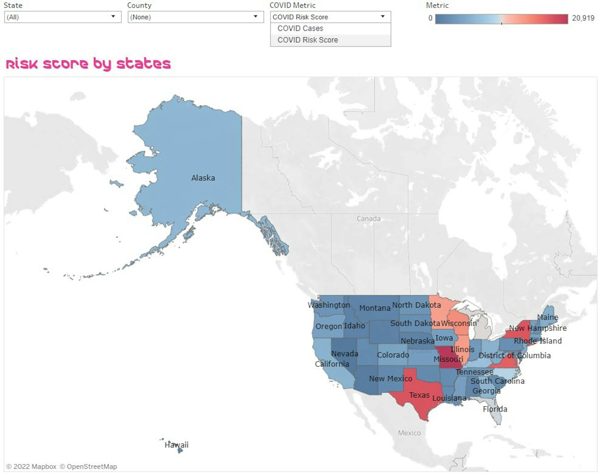 Figure 11: Filled Map with US states shaded according to the sum of either COVID Cases or COVID Risk score based on the metric selected in the ‘COVID Metric’ filter.