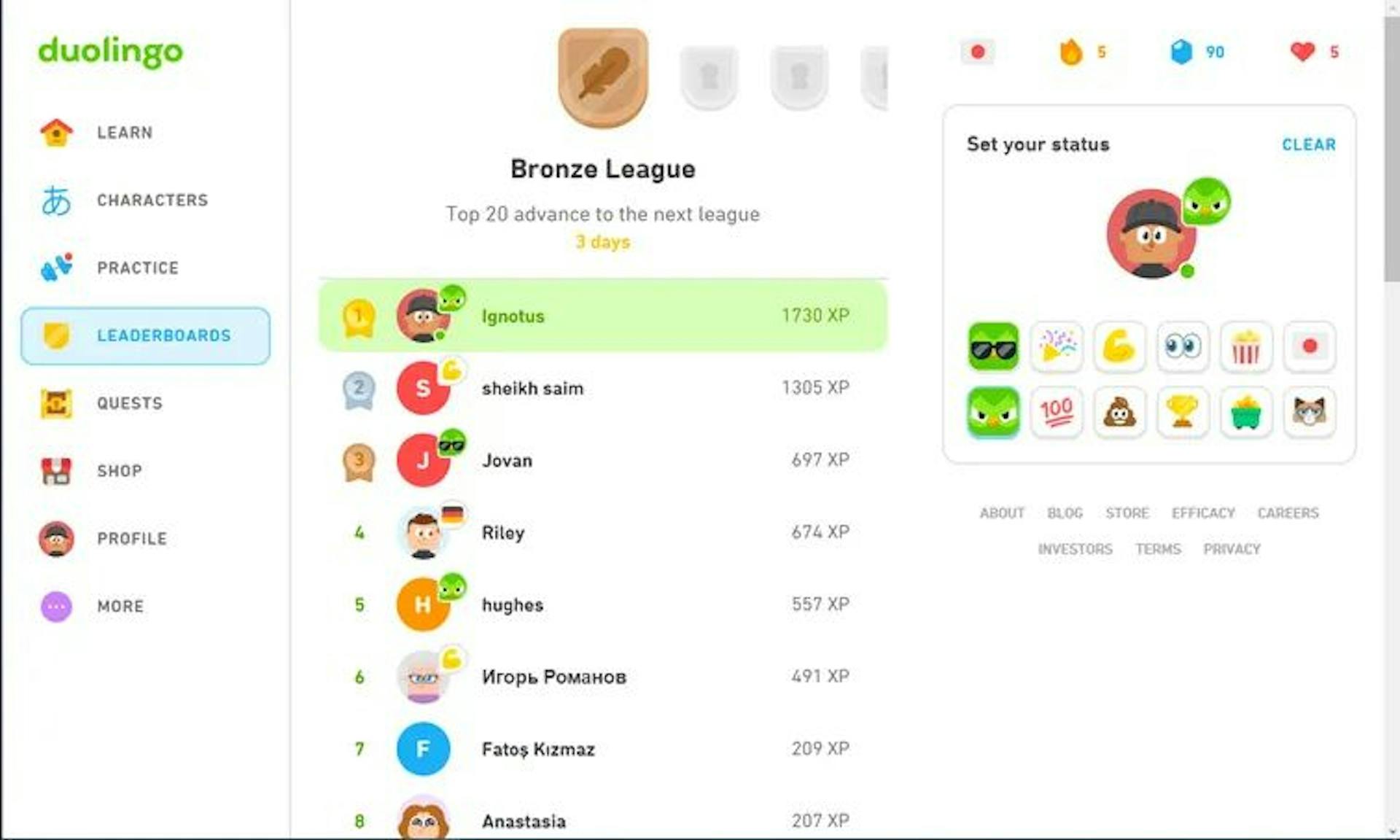 Duolingo Web app illustrating elements of gamification. Image Source: Here