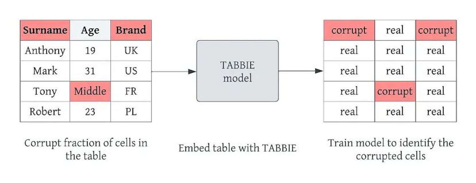 [Figure 3]: The idea behind the TABBIE model is to use semi-supervised training with large amounts of tabular data to get powerful representations of cells, columns, and rows.