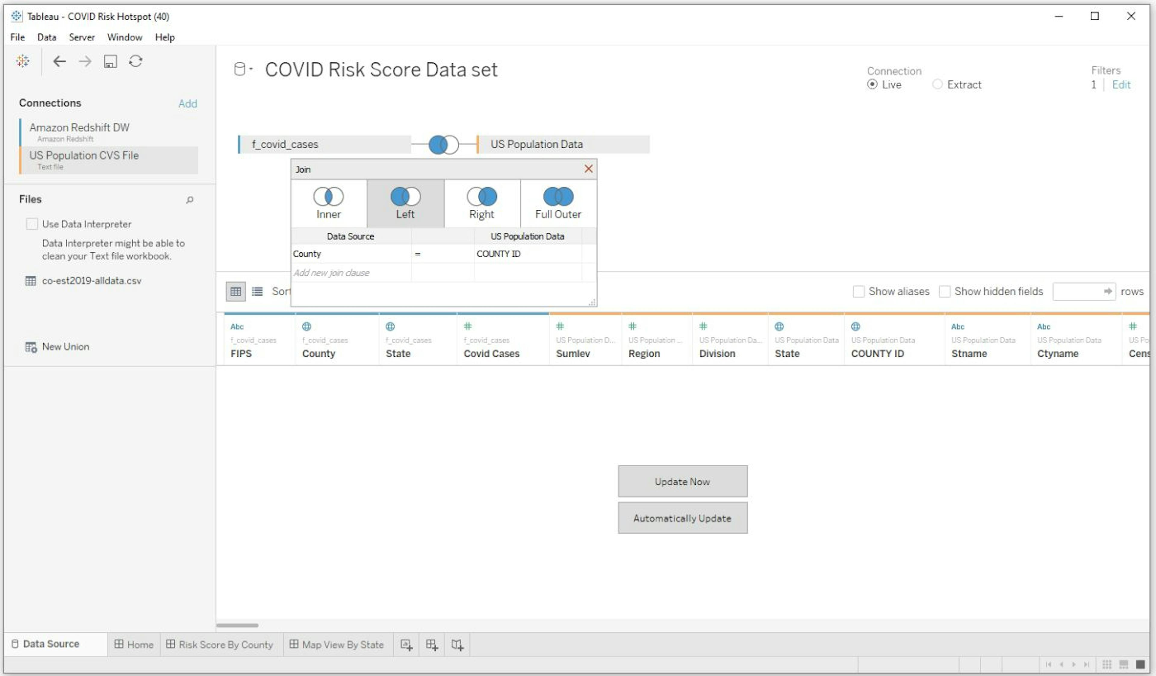 Figure 4: Tableau Data Source pane where both the data sets were joined using the unique column.