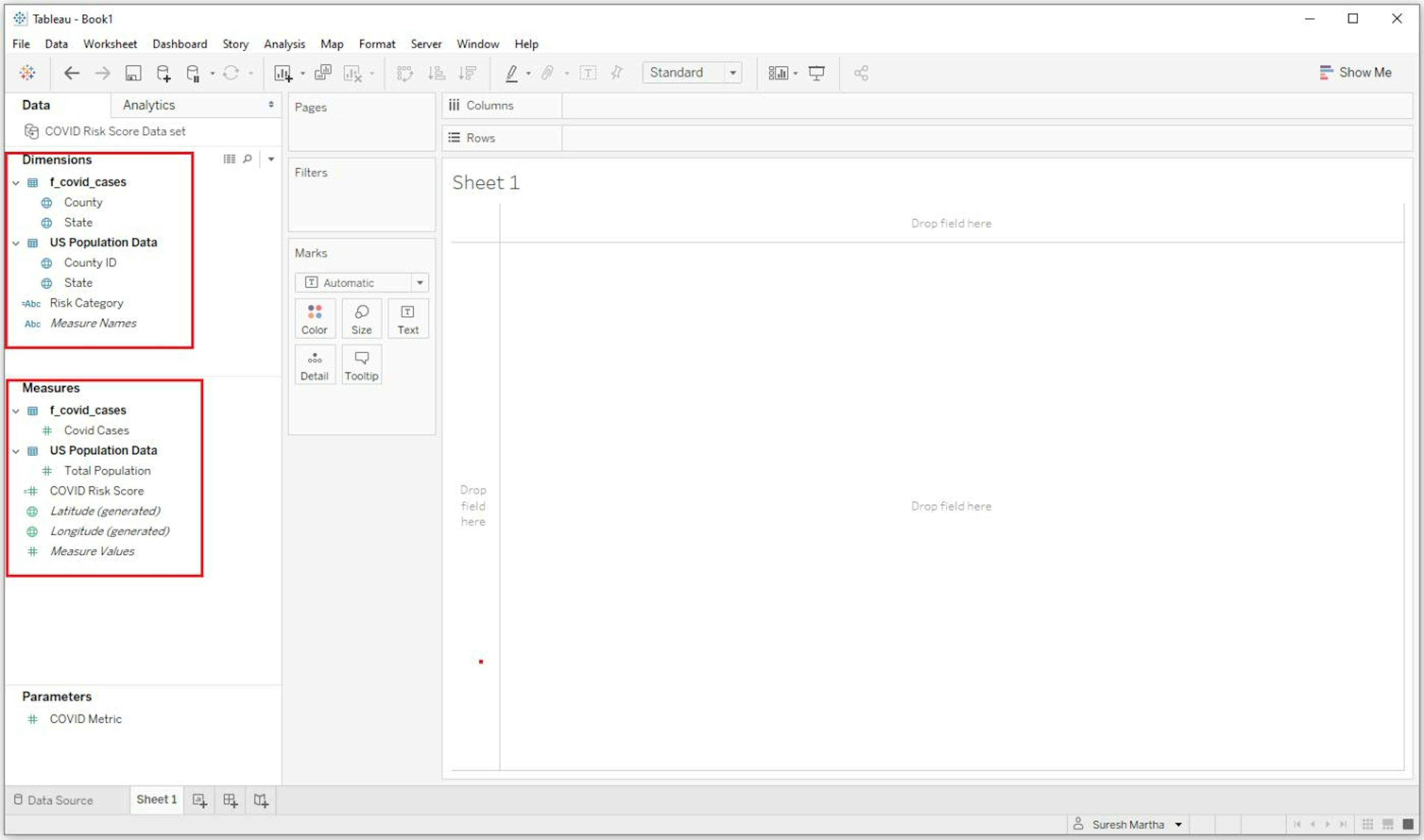 Figure 5: Tableau Development worksheet area, where columns from the data sets are automatically added to the dimensions and measures pane.