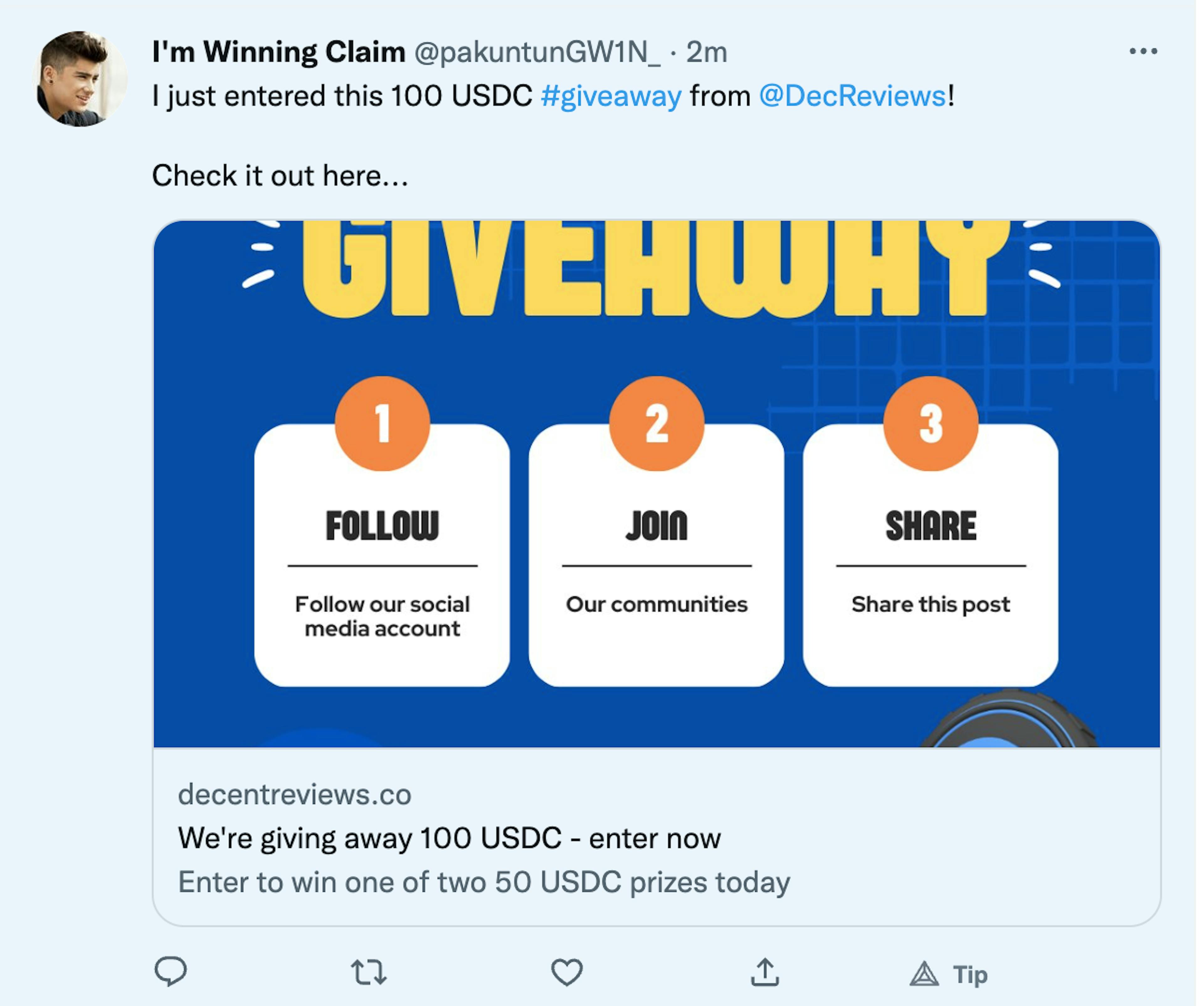 Example of a click-to-tweet message for a giveaway