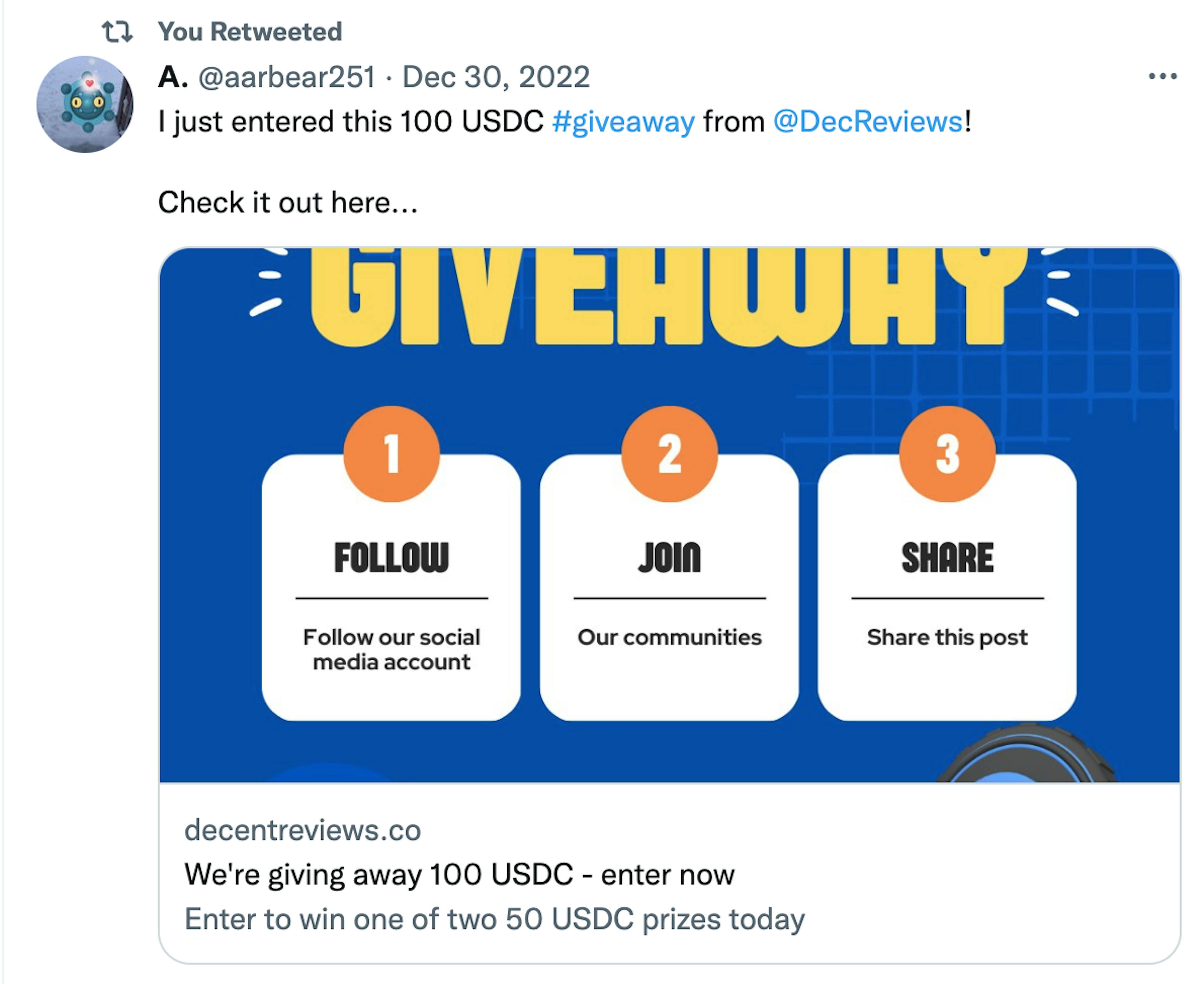 Example tweet for crypto giveaway