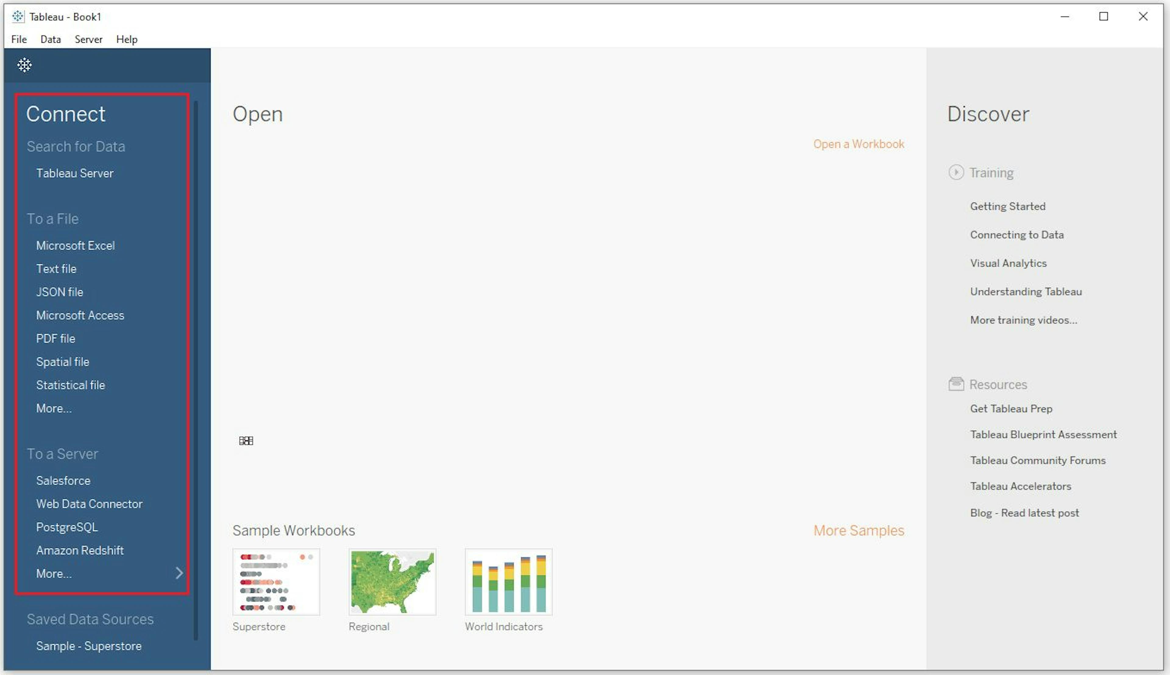 Figure 2: Tableau Desktop Connector page showing a variety of basic file and server types.