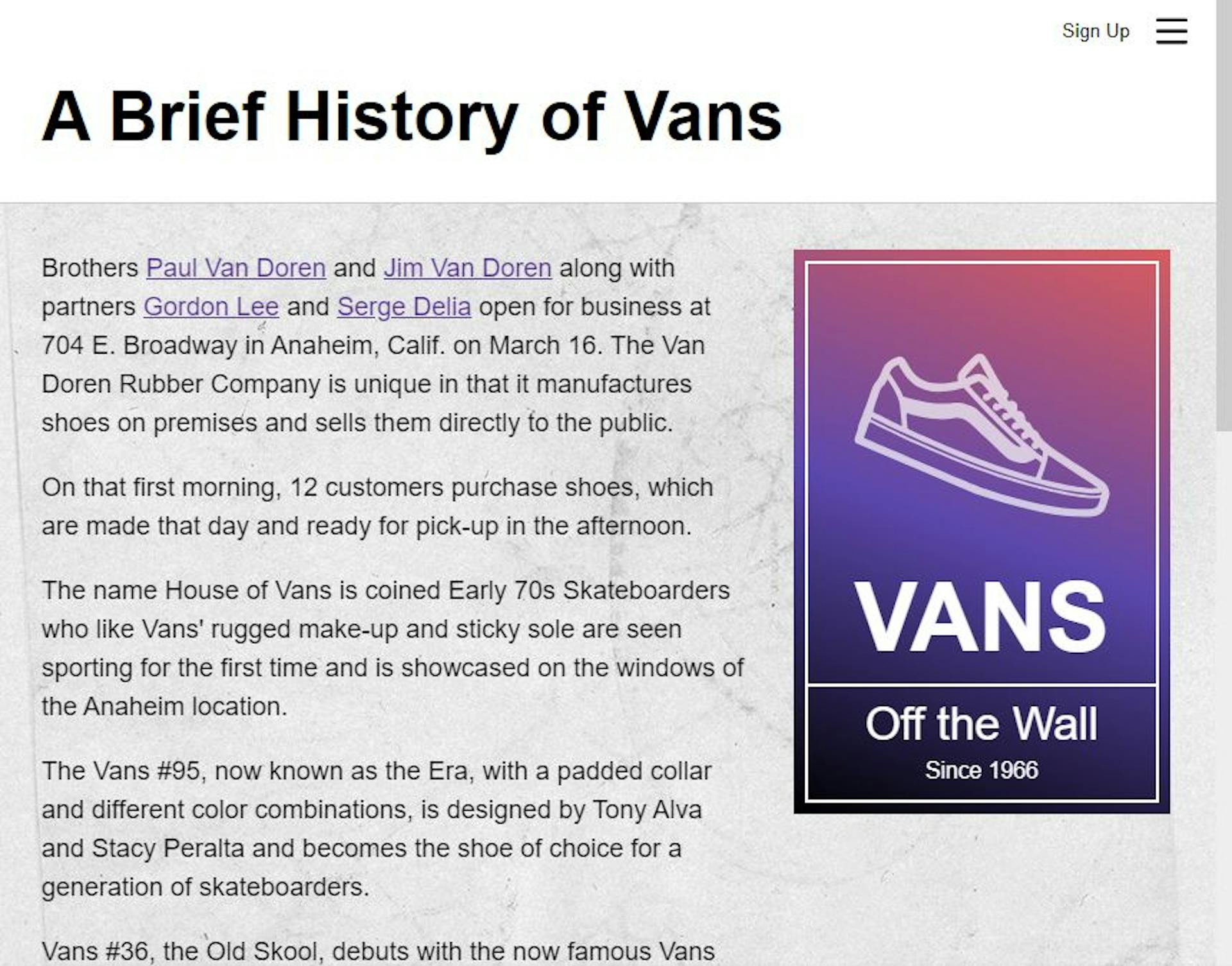 Trang web giới thiệu Vans