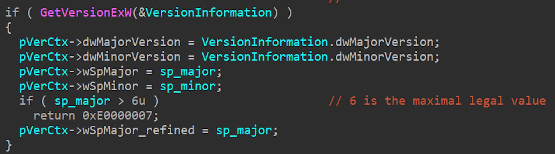 Figure 31: Equation Group exploit setting the value of wSpMajor_refined.