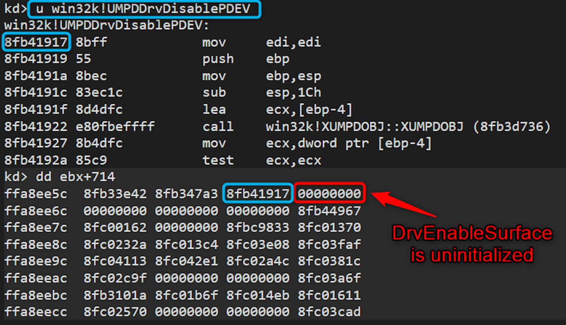 Figure 15: Debugger output inside the vulnerable function showing the missing handler entry.