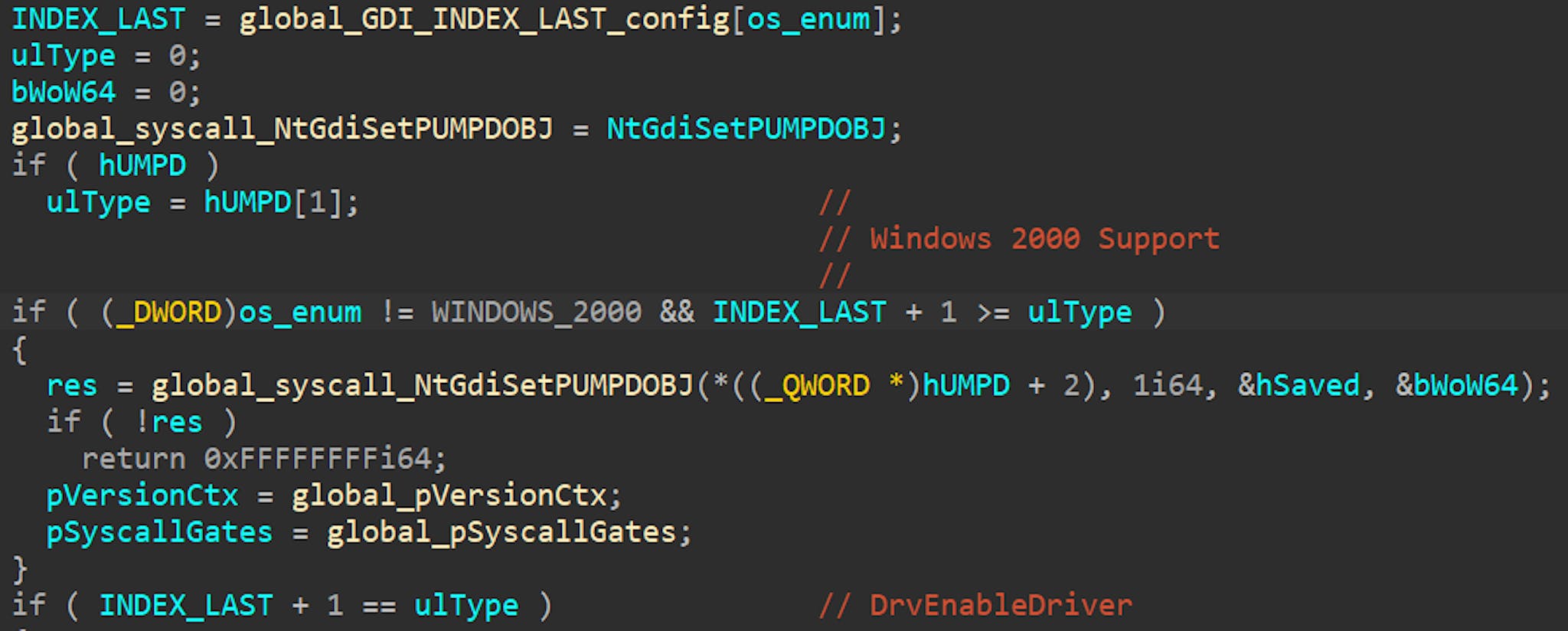 Figure 27: Jian’s logic for supporting Windows 2000, inside the UMPD module.