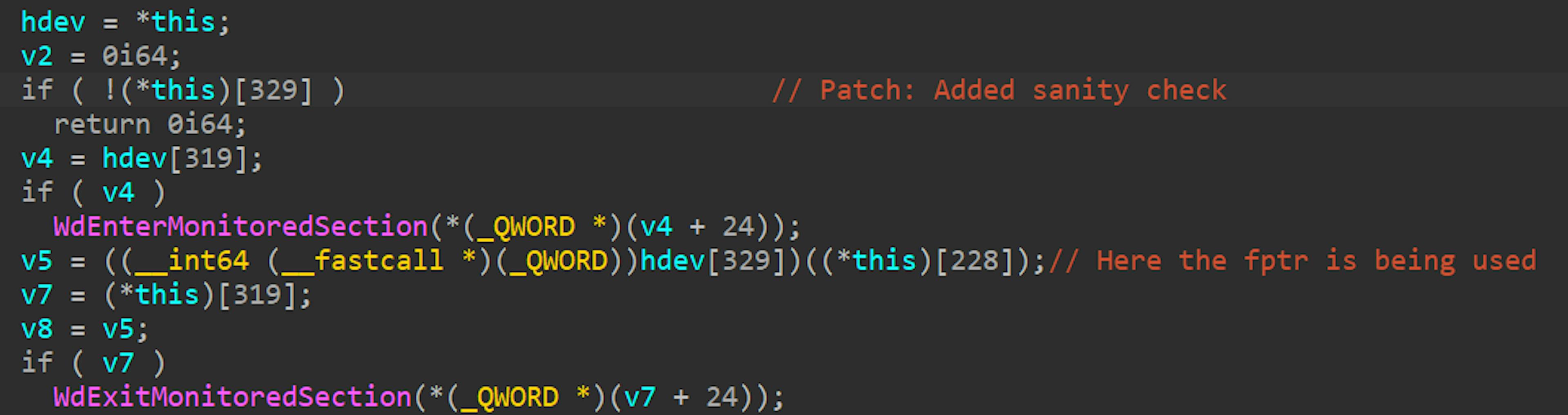 Figure 16: Patched version now checks the function handler before invoking it.