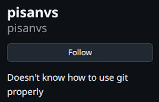 My Github bio. "pisanvs - Doesn't know how to use git properly"
