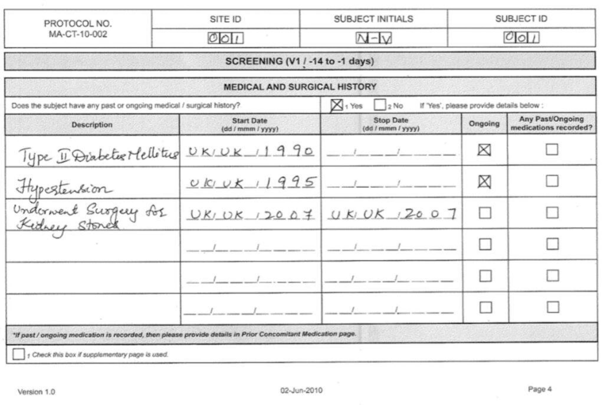 Manually filled screening form