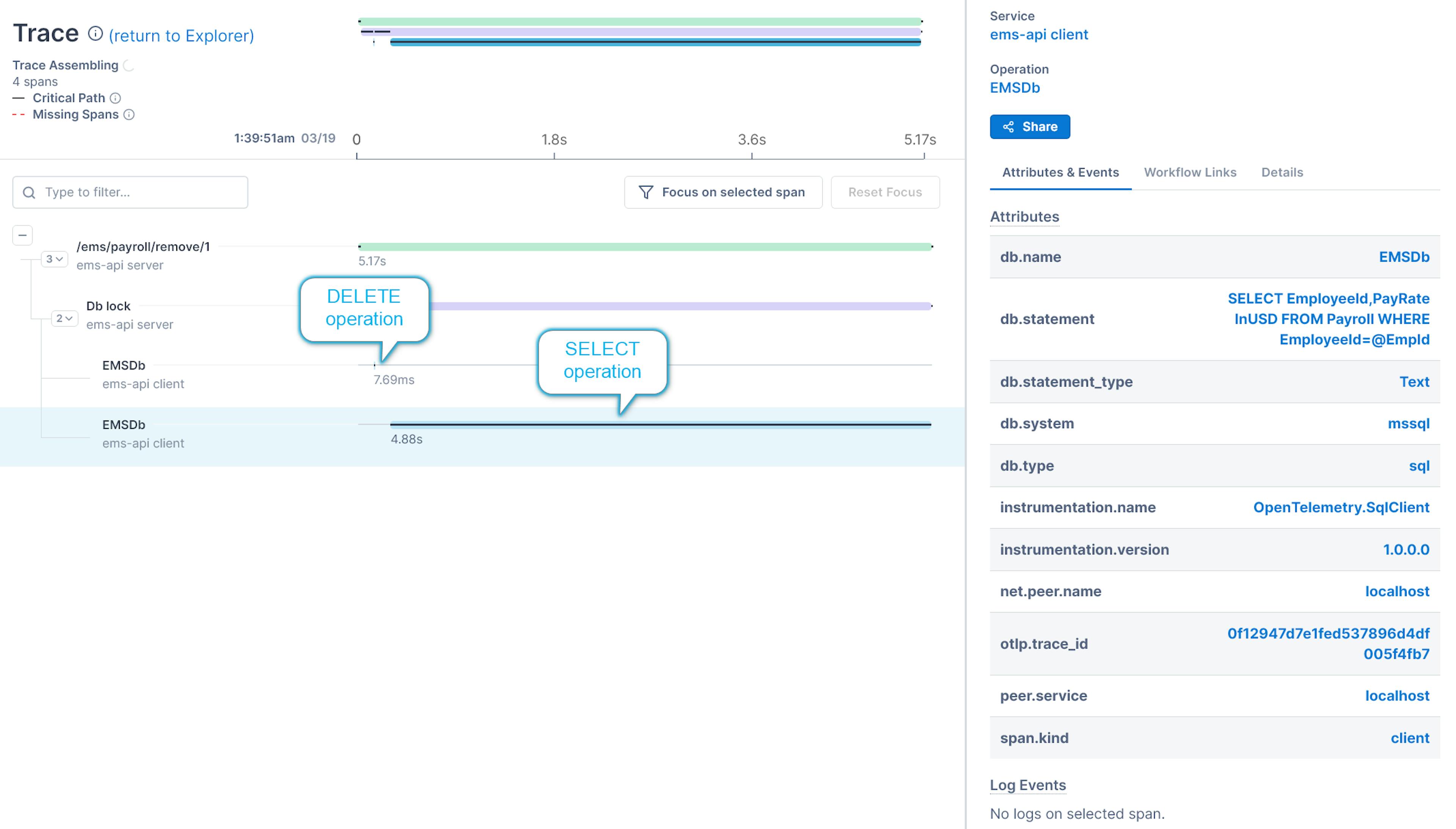 Span presenting the query duration