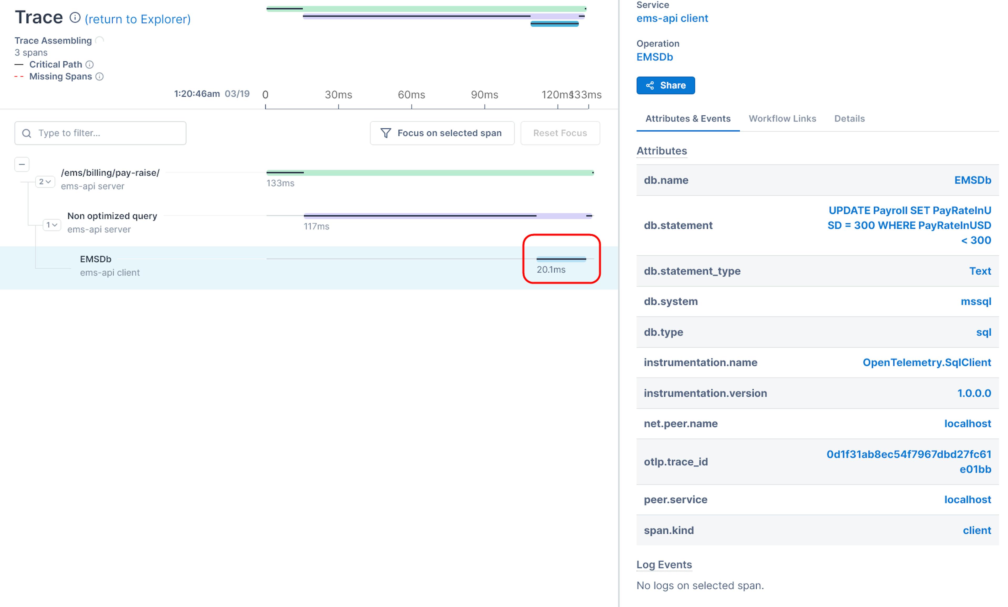 Span presenting the query duration