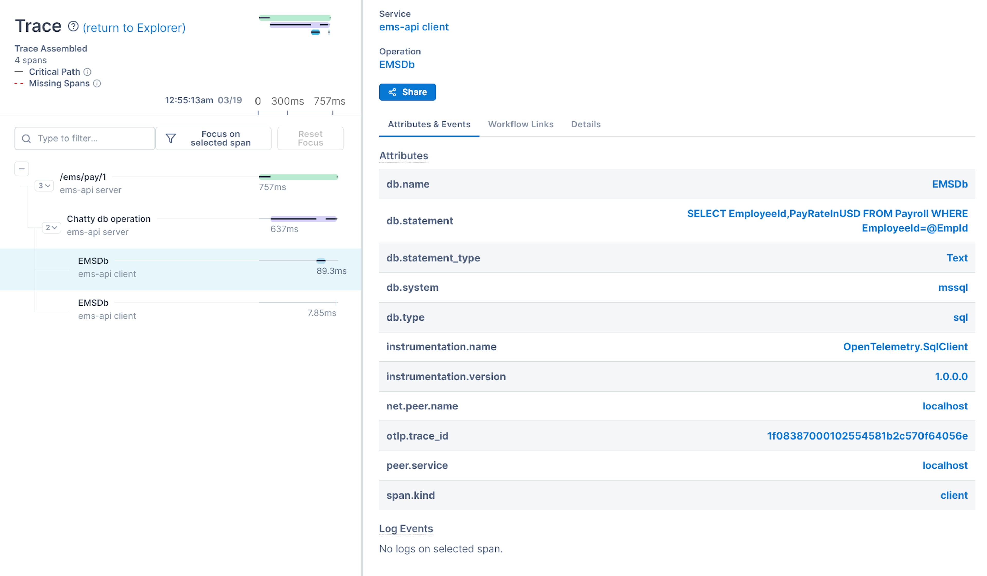 Span captured from the first database operation