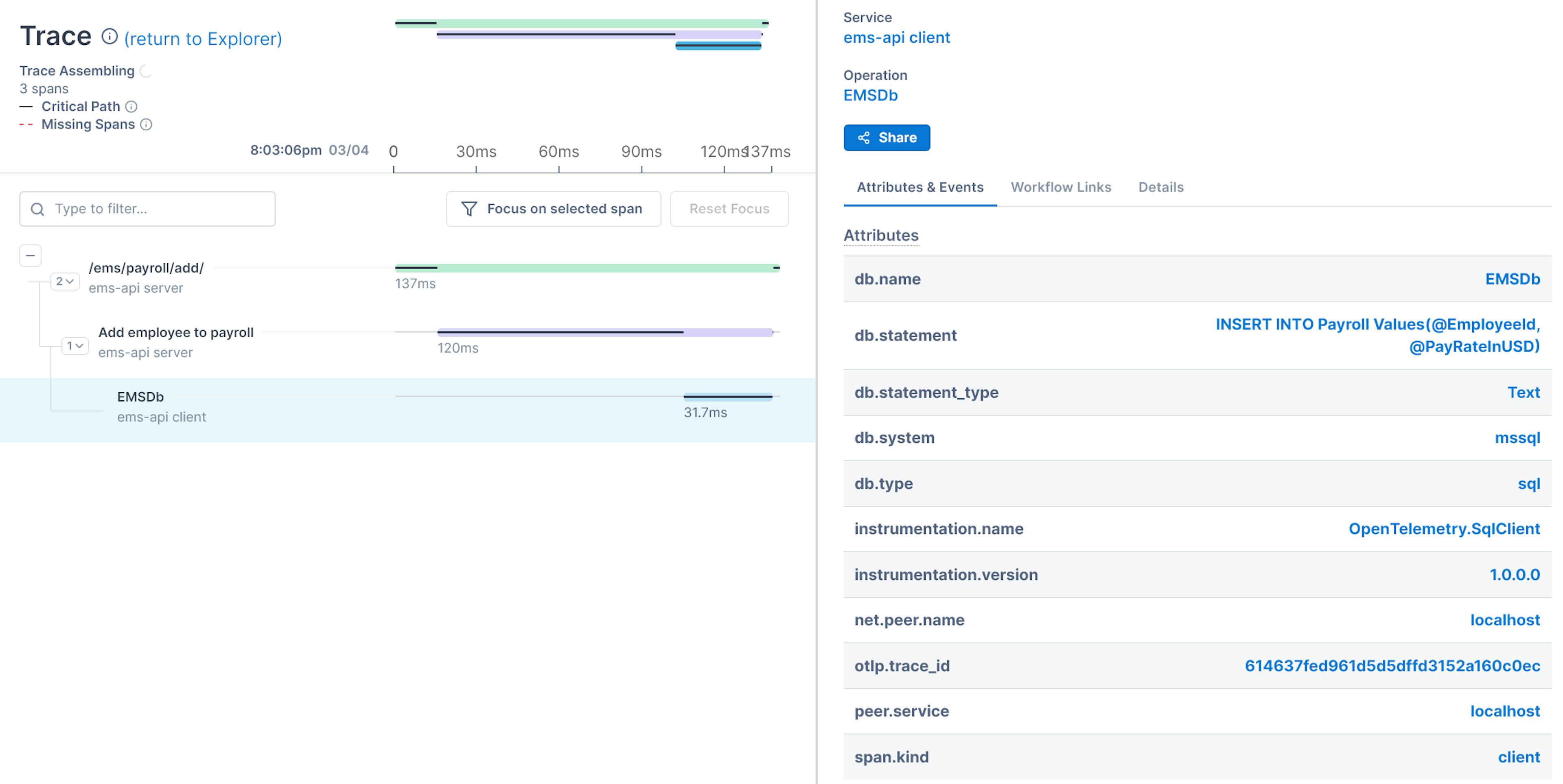 Details of the span generated by the payroll endpoint