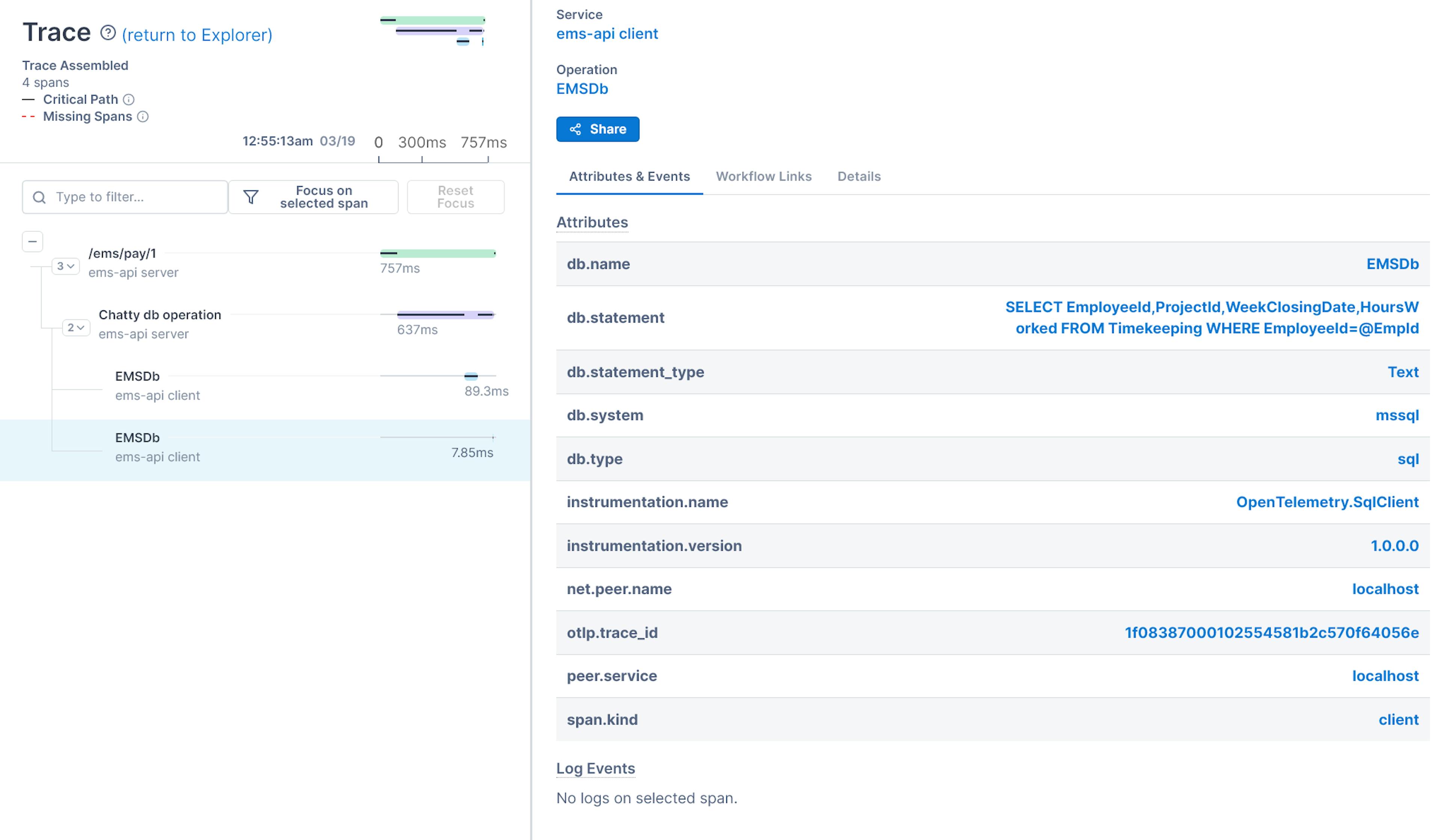 Span captured from the second database operation