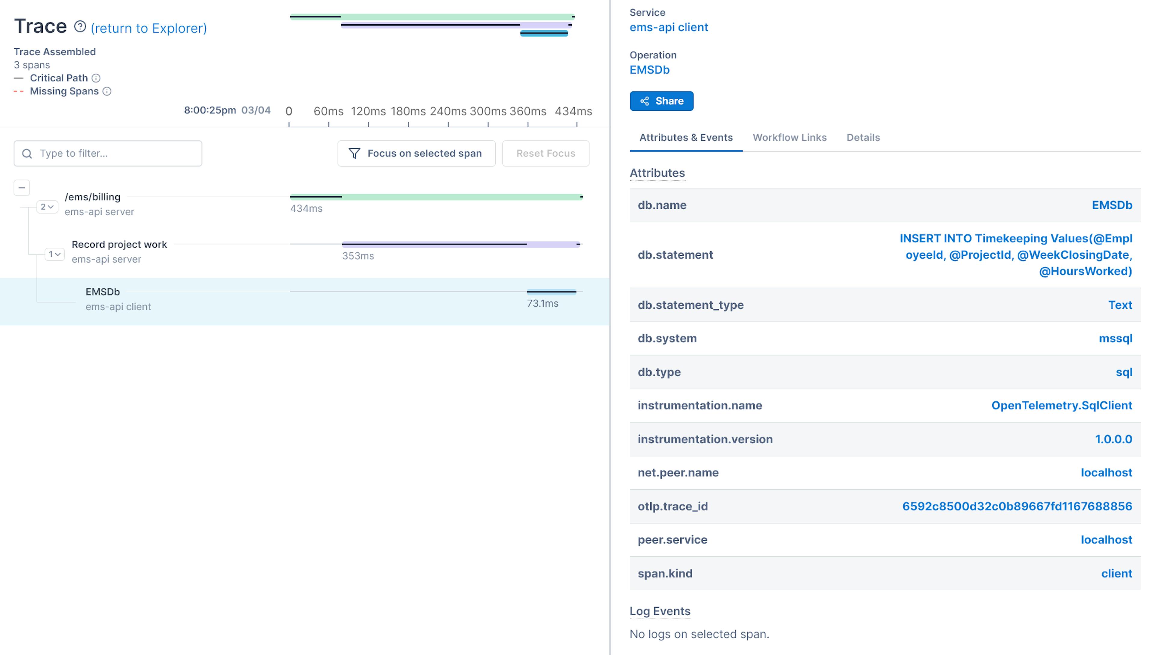 Details of the span generated by the billing endpoint