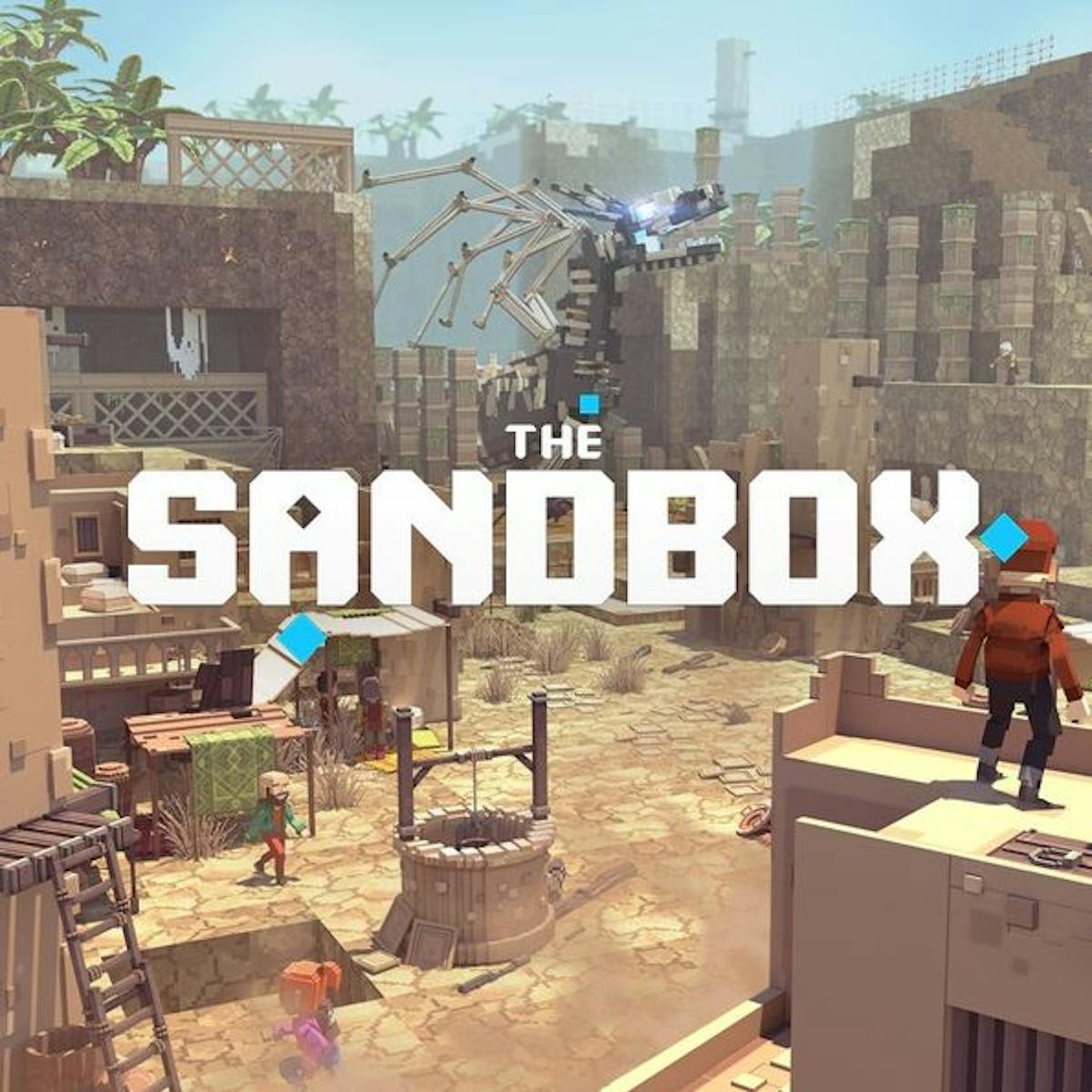 Splash image of the Sandbox logo with scenery and voxel avatars in the background.