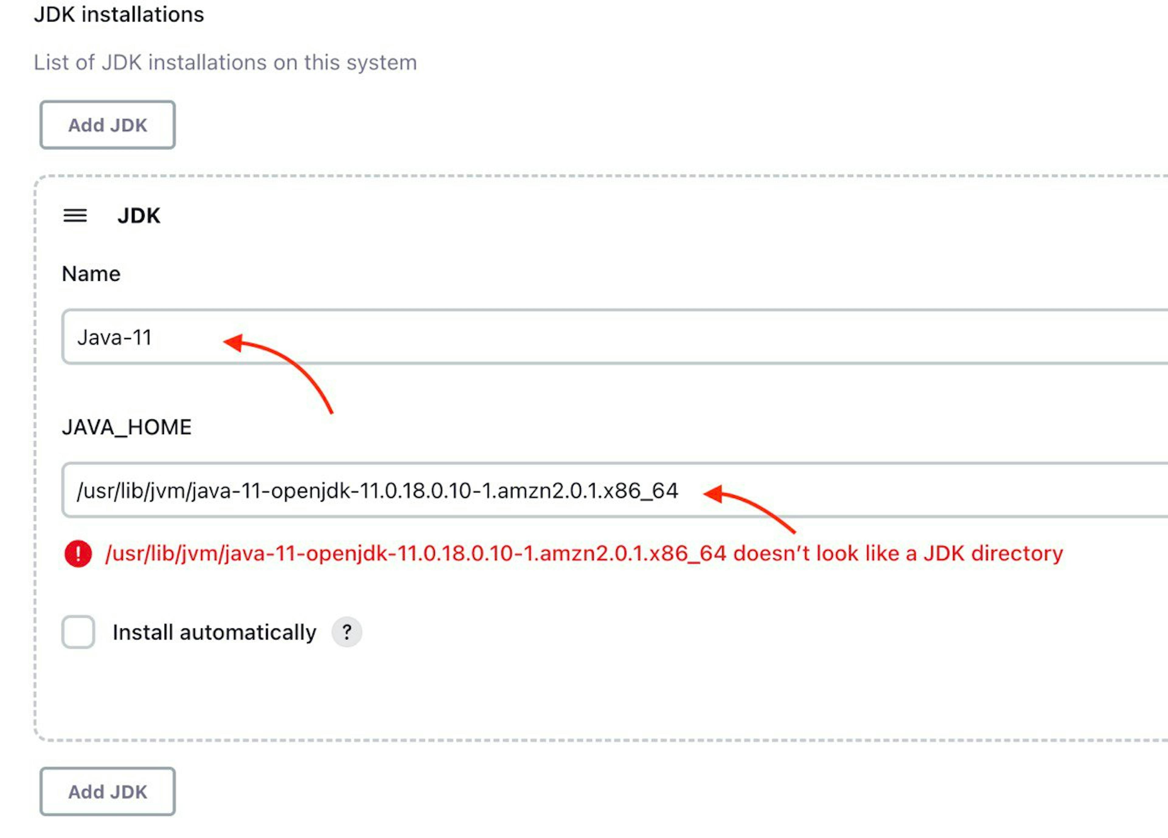 The screenshot of Jenkins installed on AWS EC2 Virtual Server with the pointer to JDK configuration