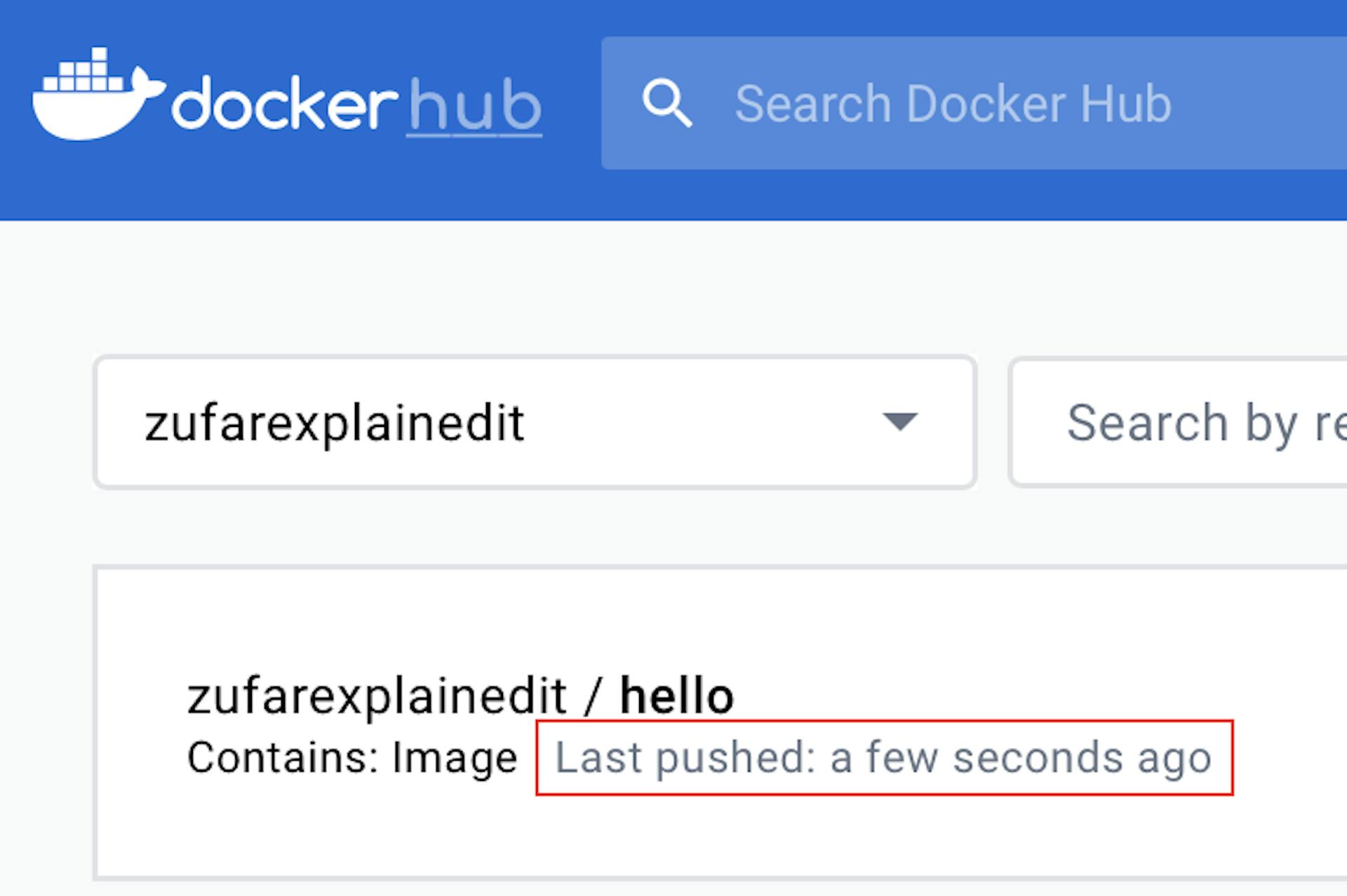 The screenshot of Dockerhub account with the new image added