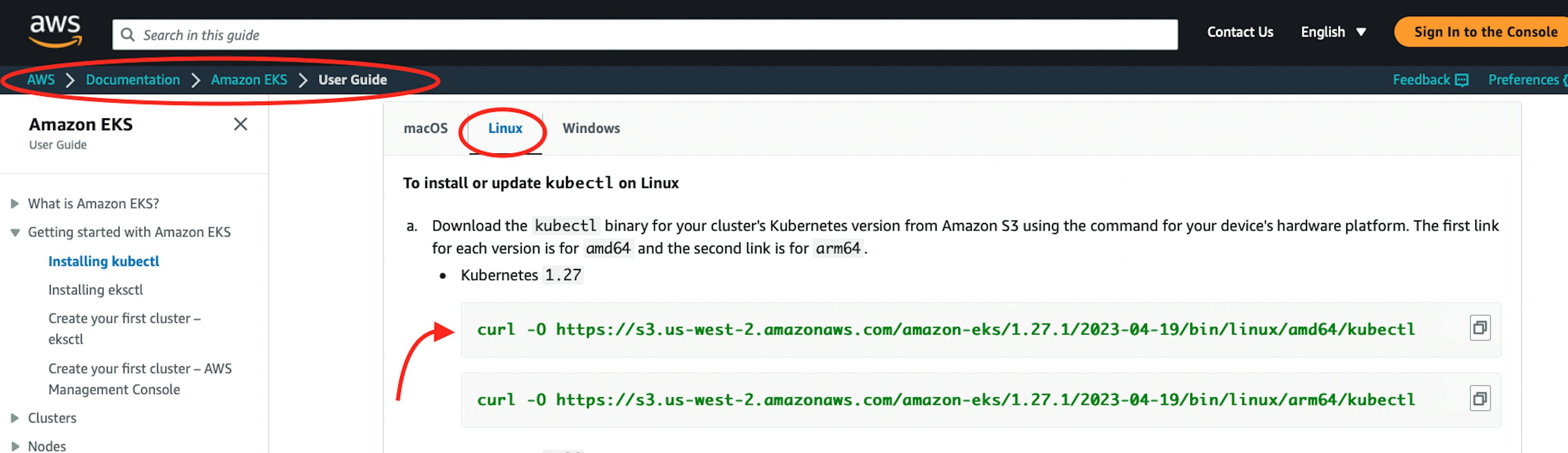 The screenshot of AWS EKS User Guide