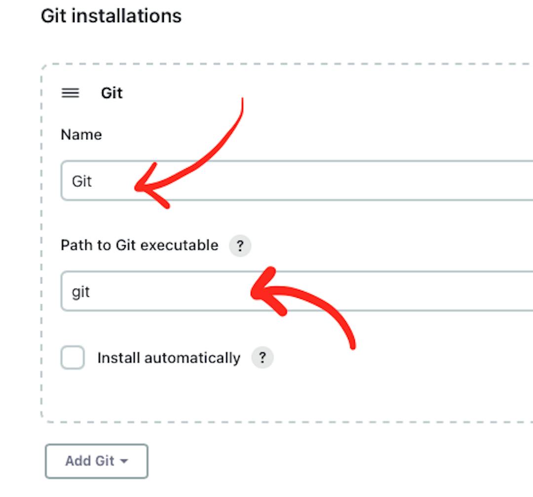 Снимок экрана веб-страницы глобальной конфигурации инструментов Jenkins с указателем на поля ввода «Имя» и «Путь к исполняемому файлу Git».