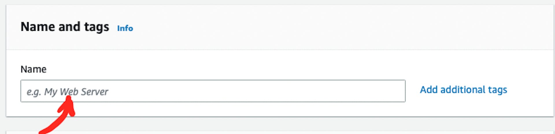 The screenshot of AWS web page with the pointer to "Name" input box in "Name and tags" section