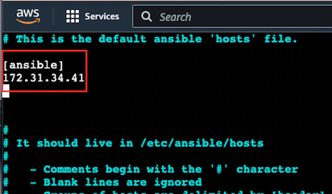 Ansible hosts dosyasının ekran görüntüsü