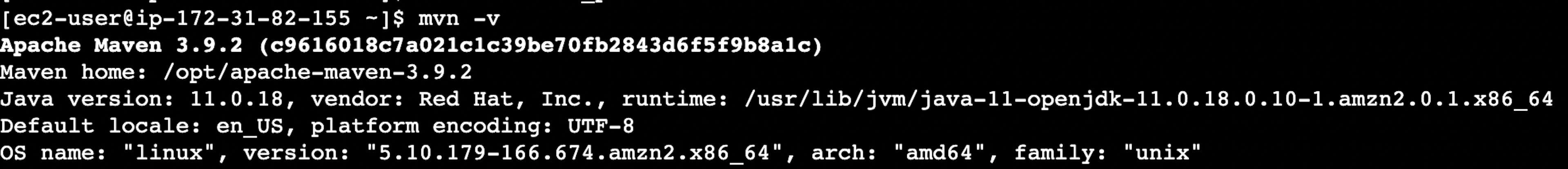 La captura de pantalla de la página web del terminal de la instancia del servidor virtual AWS EC2 con la versión de Apache Maven