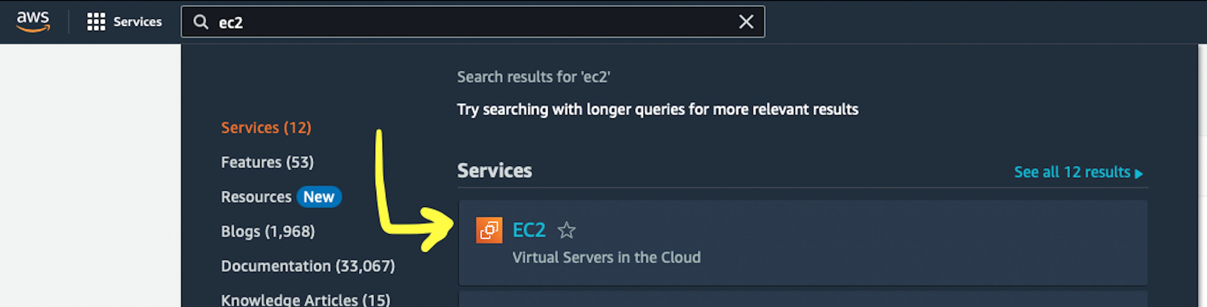 Скриншот веб-страницы AWS с указателем на сервис AWS «EC2».