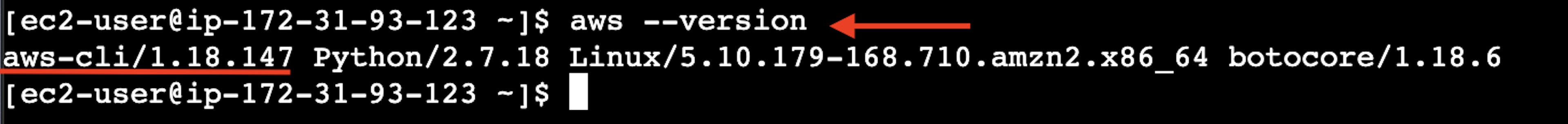 A captura de tela do terminal on-line da instância do servidor virtual AWS EC2 com o resultado do comando da versão aws
