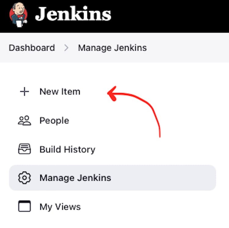 "새 항목" 버튼에 대한 포인터가 있는 Jenkins 대시보드 웹 페이지의 스크린샷