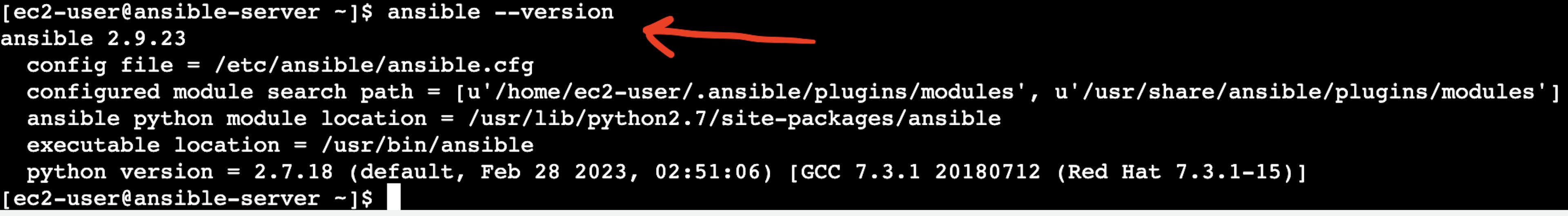 The screenshot of AWS EC2 Virtual Server instance terminal with the pointer to sudo yum install ansible  result