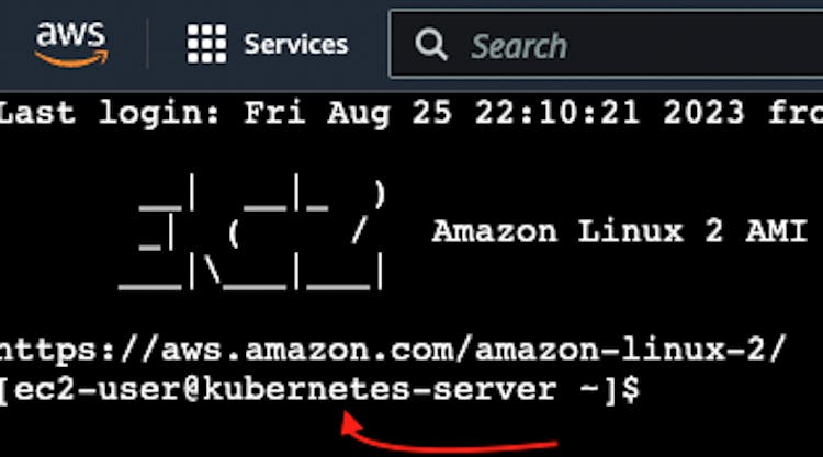 La captura de pantalla del terminal de instancia del servidor virtual AWS EC2 con el puntero al nombre de host