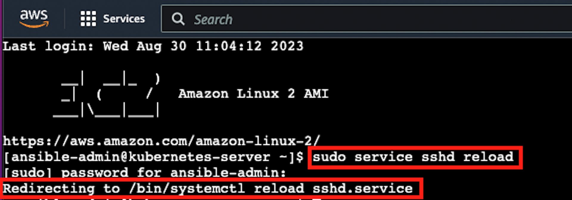 AWS EC2 虚拟服务器实例终端的屏幕截图，其中包含指向 sshd 重新加载结果的指针
