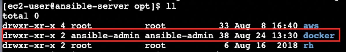 The screenshot of "docker" folder in "AnsibleServer" EC2 instance