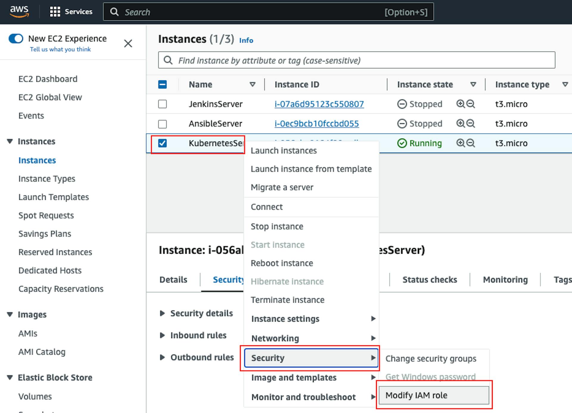 KubernetesServer Security düğmesinin işaretçisini içeren AWS web sayfasının ekran görüntüsü