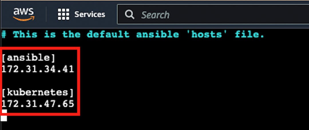 ansible ホストと kubernetes ホストを含む「hosts」ファイルのスクリーンショット