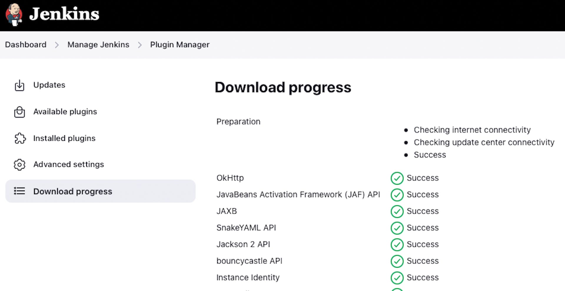 Github プラグインをダウンロードしている Jenkins Plugin Manager Web ページのスクリーンショット