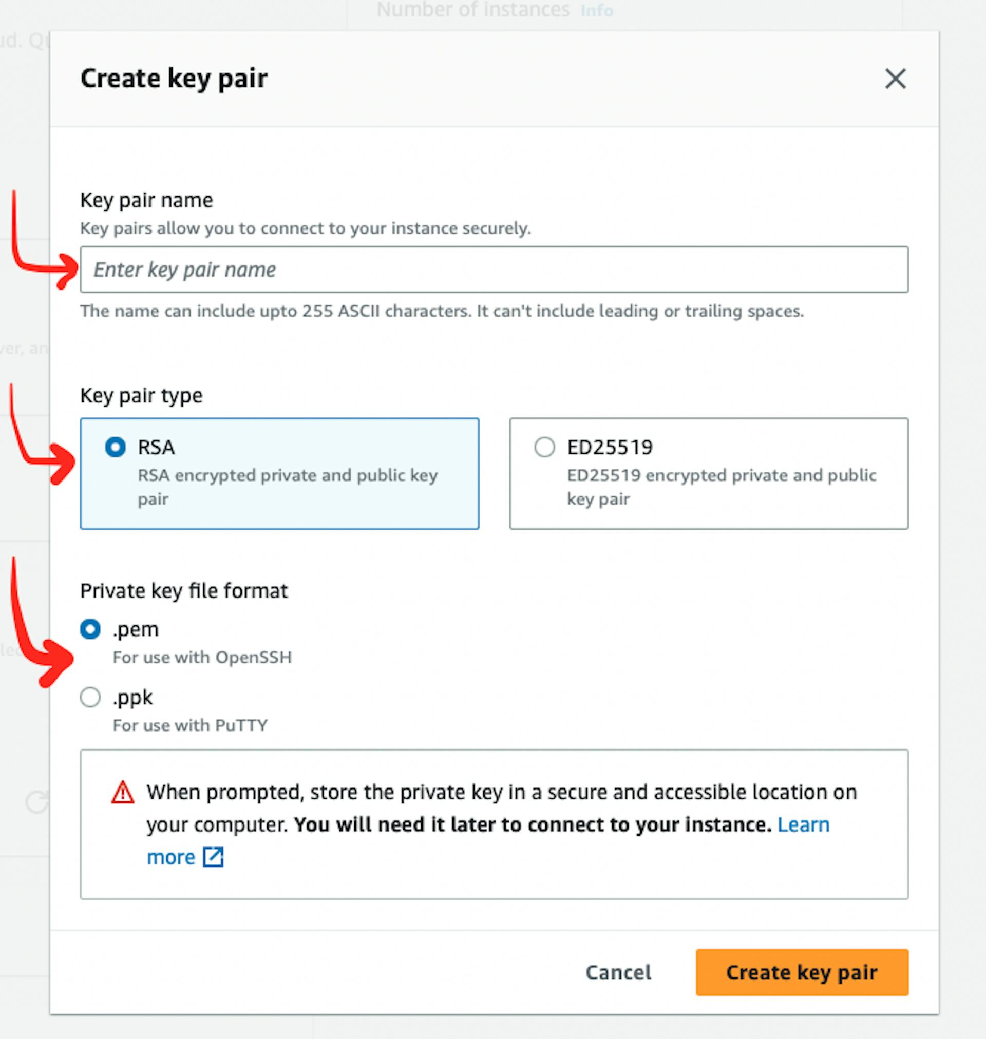 La capture d'écran de la page Web AWS avec le pointeur vers « Nom de la paire de clés », « Type de paire de clés », « Format de fichier de clé privée » dans la section « Paire de clés (connexion) »