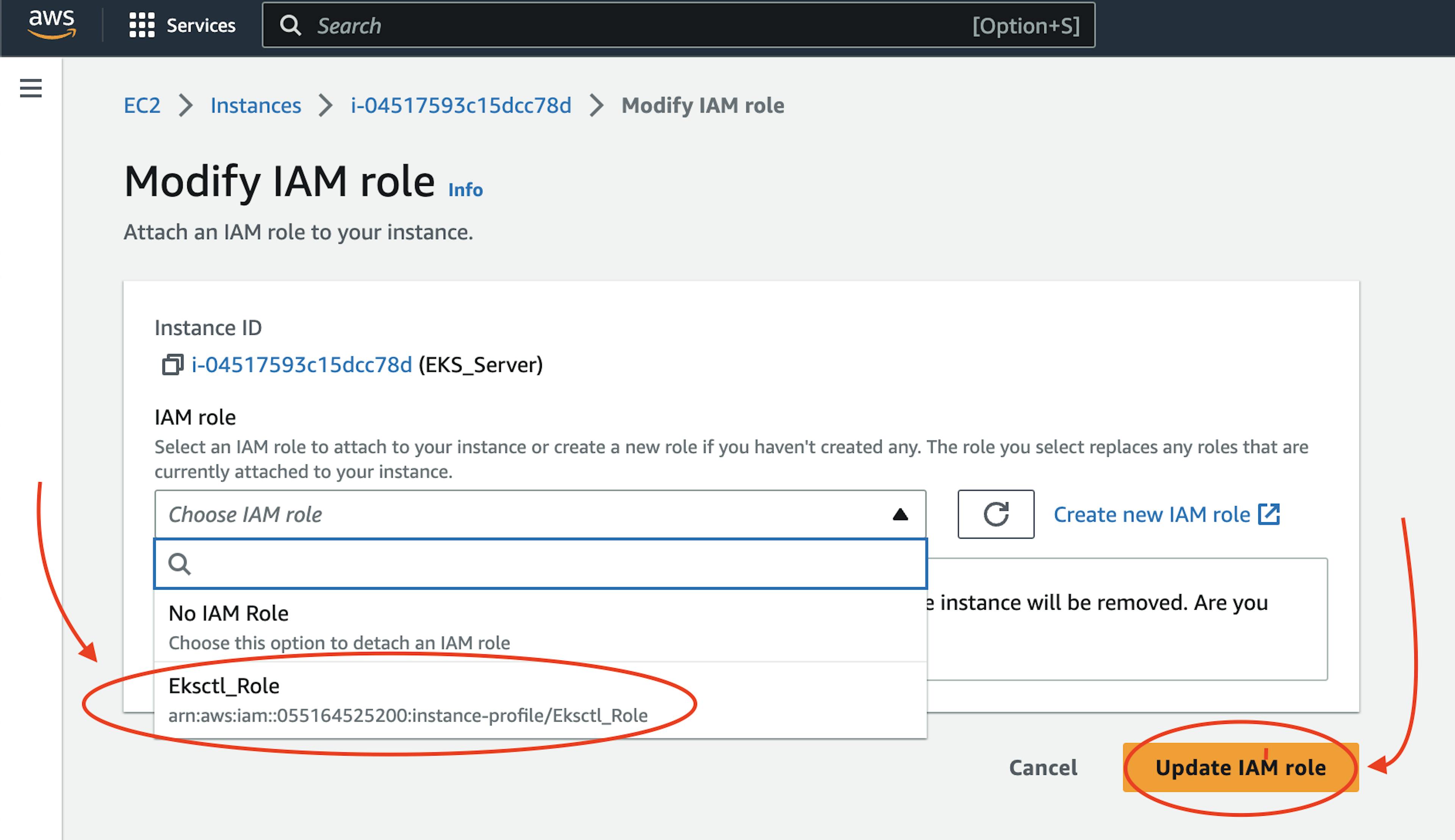 The screenshot of AWS web page with the pointer to  Elsctl_Role IAM role