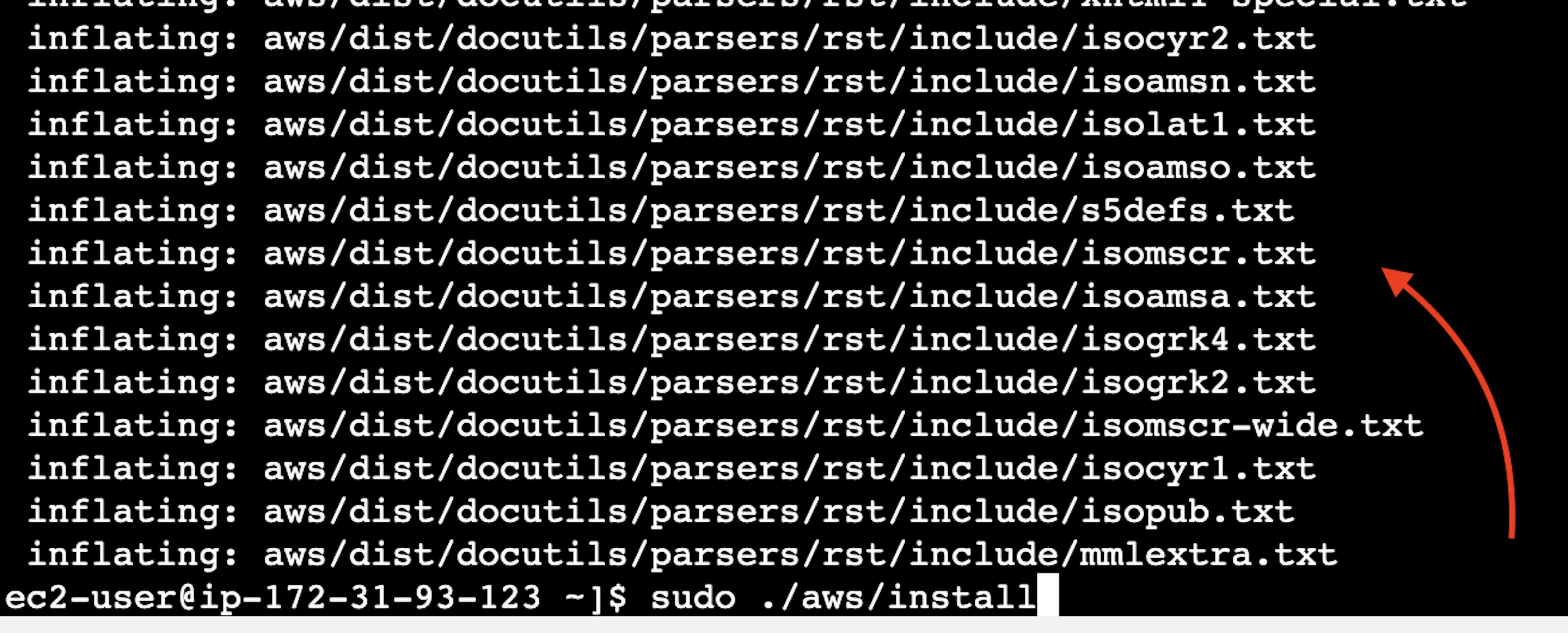 A captura de tela do terminal on-line da instância do AWS EC2 Virtual Server com o download do resultado da versão 2 do AWS