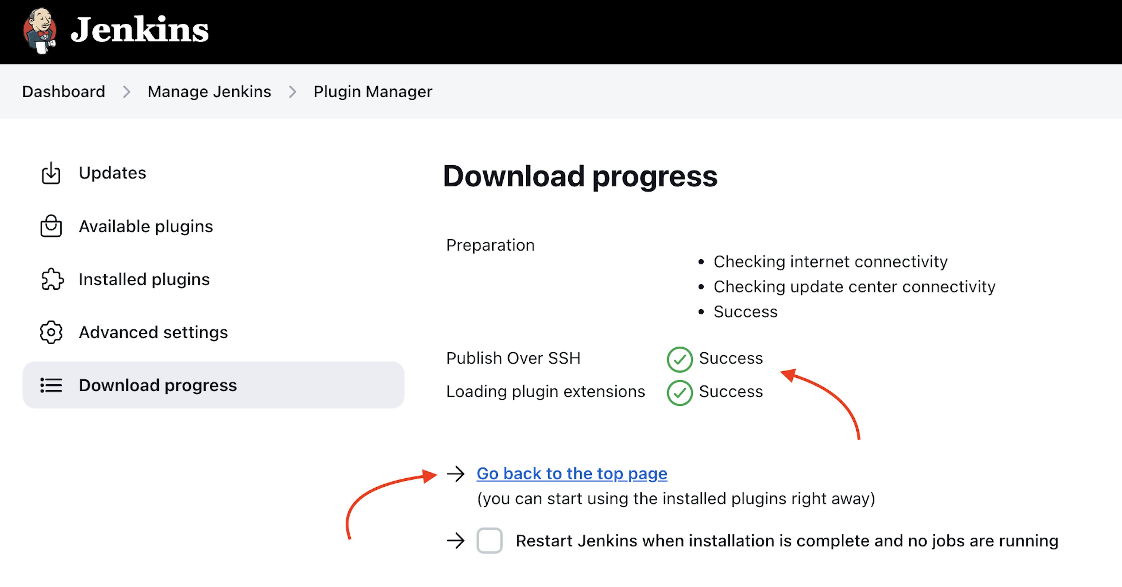 La captura de pantalla de Jenkins instalado en el servidor virtual AWS EC2 con el puntero a la página web "Progreso de la descarga"