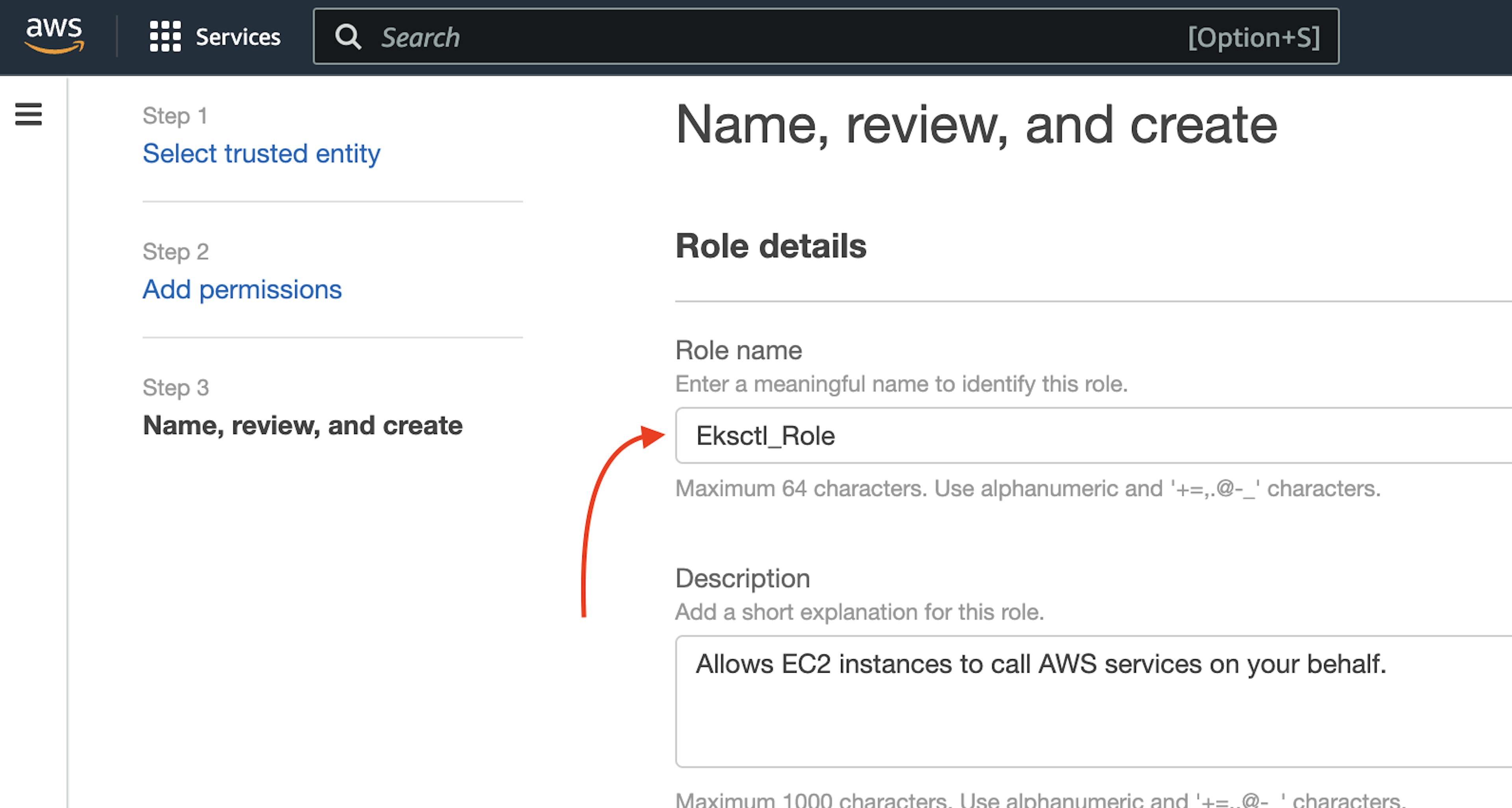 The screenshot of AWS web page with the pointer to  permission role configuration