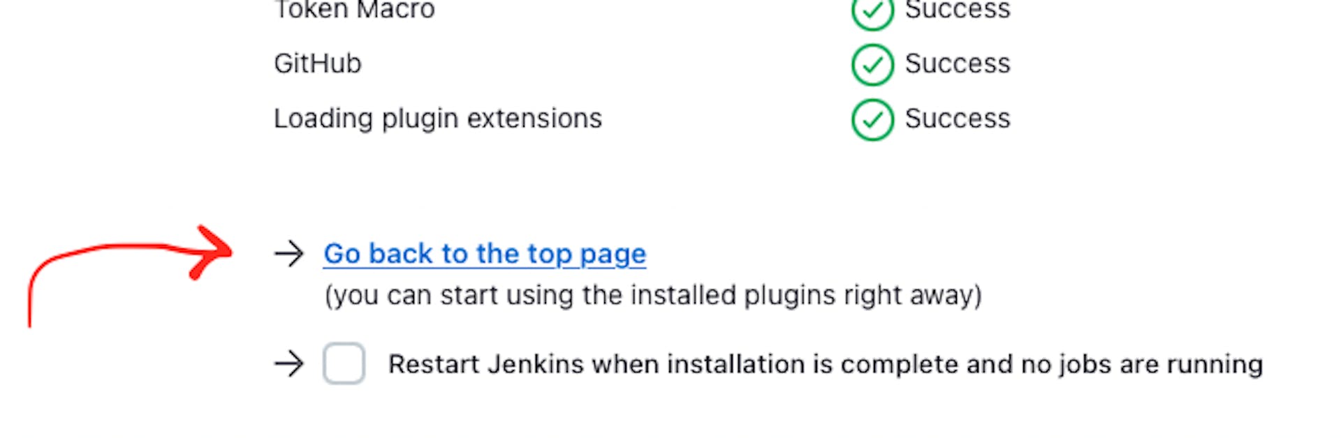 "상위 페이지로 돌아가기" 버튼에 대한 포인터가 있는 Jenkins 플러그인 관리자 웹 페이지의 스크린샷